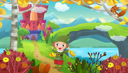 Obraz na płótnie Canvas cartoon scene with cheerful smiling dwarf near fairy tale magical castle illustration for children