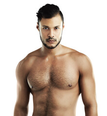 Fototapeta premium Portrait, serious fitness and muscle man isolated on a transparent png background. Face, body and athlete with strong abs after exercise, training or workout for health, wellness or sports in Brazil.