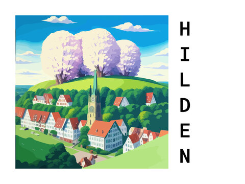 Hilden: Vintage artistic travel poster with a German scenic panorama and the title Hilden