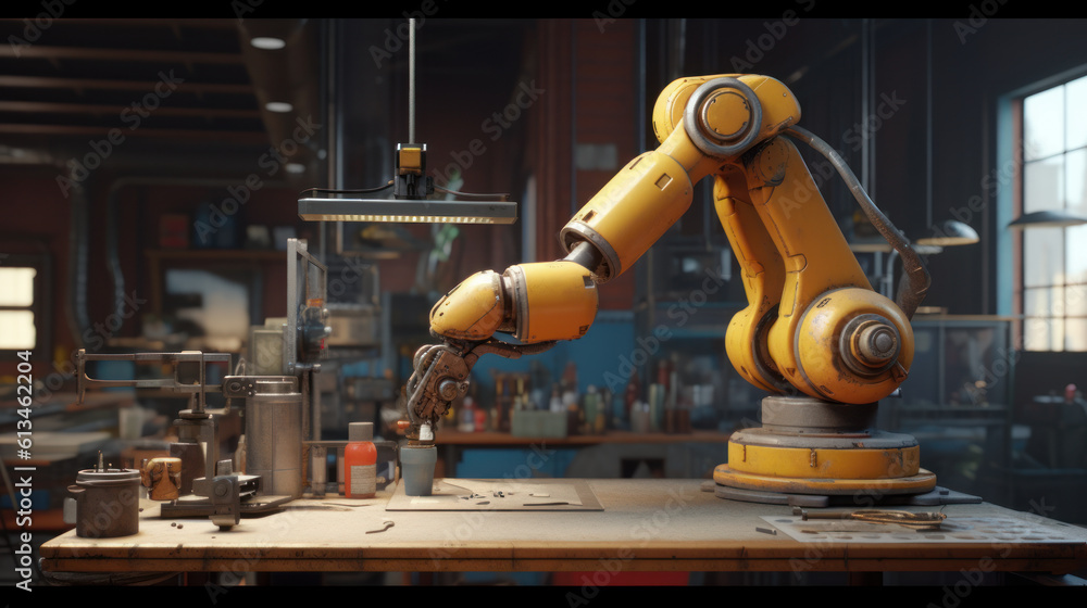 Poster precision engineering: industrial robot arm in production.