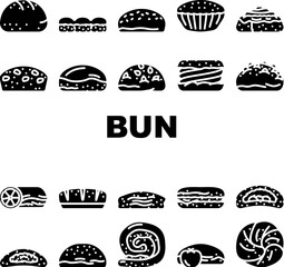 bun bread burger hamburger icons set vector. food sandwich, sesame roll, brioche chinese, taiwan top, empty meat, view baked bun bread burger hamburger glyph pictogram Illustrations