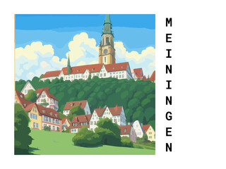 Meiningen: Vintage artistic travel poster with a German scenic panorama and the title Meiningen - obrazy, fototapety, plakaty