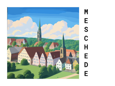 Meschede: Vintage artistic travel poster with a German scenic panorama and the title Meschede