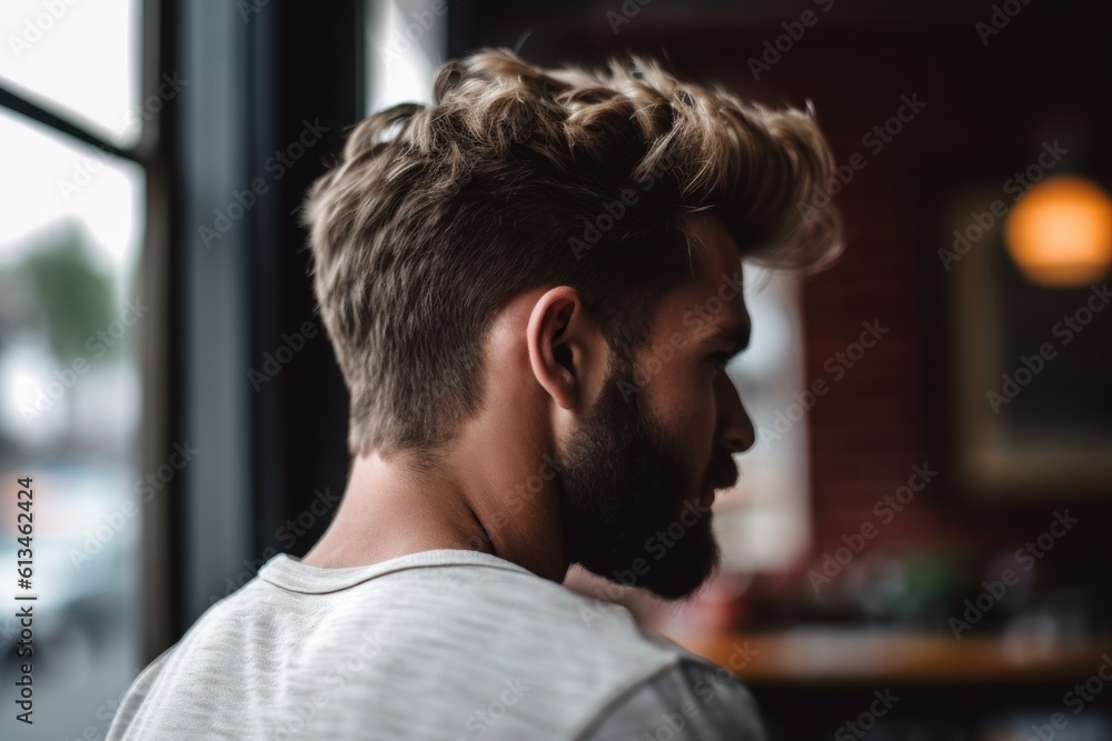 Poster a man with a beard looking out a window. generative ai image.