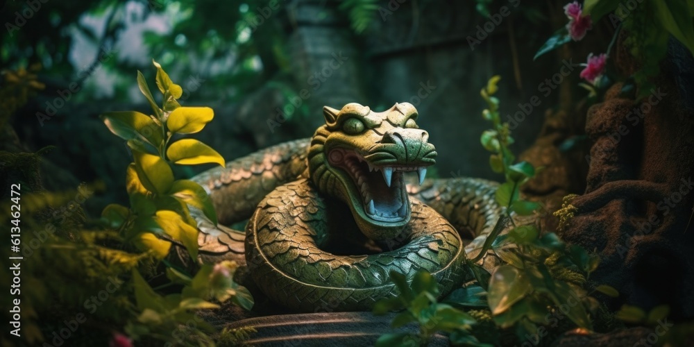 Poster a statue of a snake with its mouth open. generative ai image.