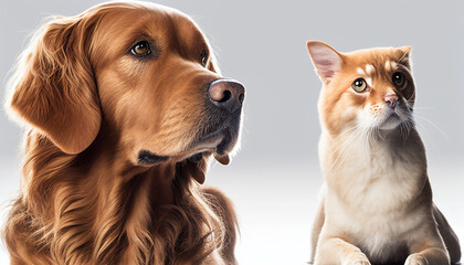 Front view of a retriever dog and a ginger kitten, Generative AI