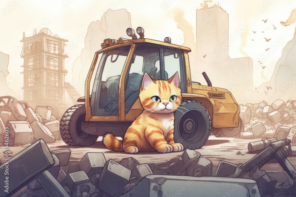 Poster a cat sitting on a pile of rubble next to a bulldozer. generative ai image.