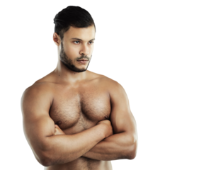 Isolated bodybuilder man, thinking or arms crossed for fitness, focus and transparent png background. Strong body builder guy, mindset and ideas for health, workout or muscle with wellness for future