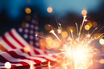 Sparkles with lights in soft focus and American flag on the background. July forth celebration. The Independence day backdrop. Abstract minimalistic wallpaper with space for text. 