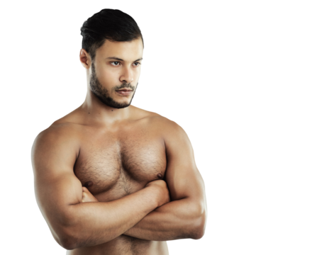 Isolated bodybuilder man, thinking or arms crossed for fitness, focus and transparent png background. Strong body builder guy, mindset and ideas for health, workout or muscle with wellness for future