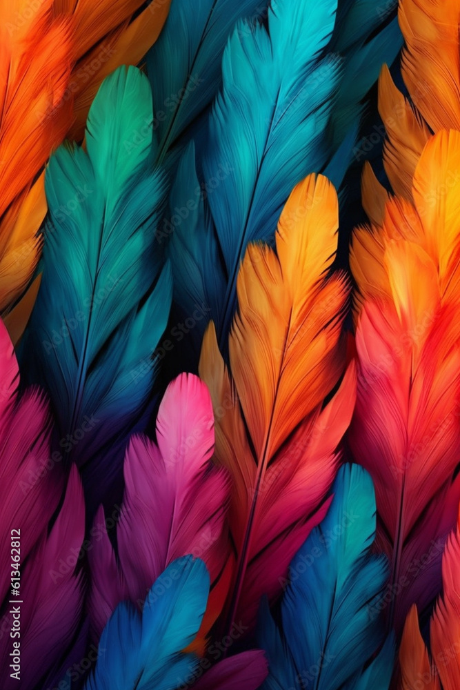 Poster An abstract representation of feathers in a symmetrical pattern, with bold and contrasting colors, Generative AI technology.
