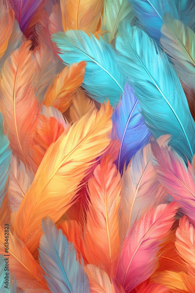 Poster A whimsical feather background pattern texture, with feathers floating and swirling in a whimsical manner,  Generative AI technology.