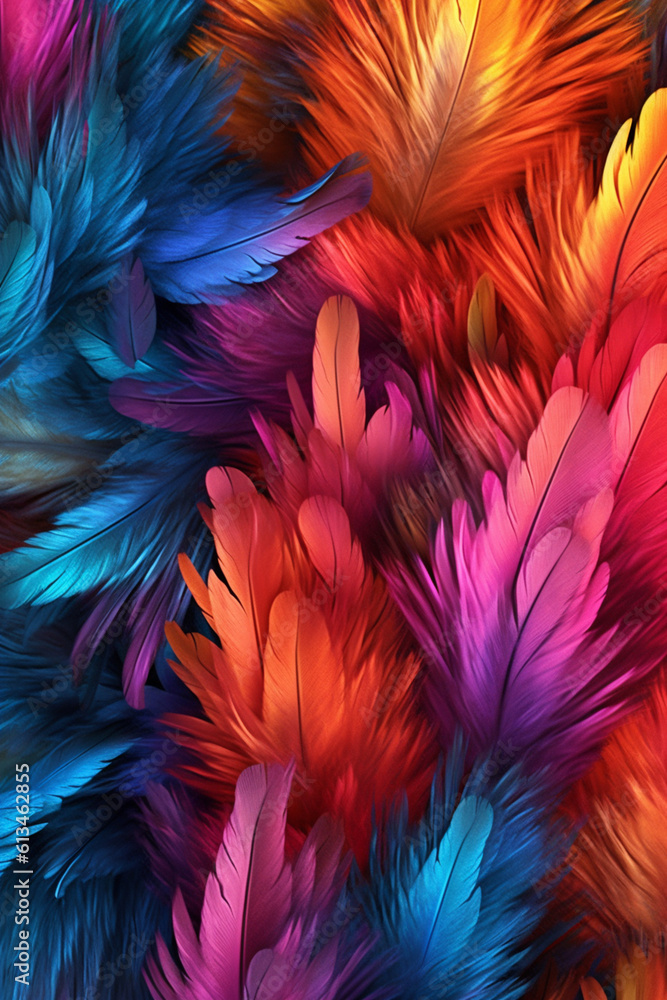 Poster a tropical-inspired feather background pattern texture, with vibrant and exotic feathers in tropical