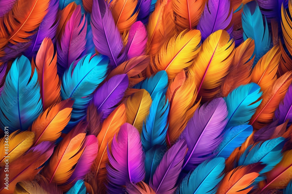Poster A vibrant and multicolored feather background pattern texture, with feathers arranged in a random and eclectic manner,  Generative AI technology.