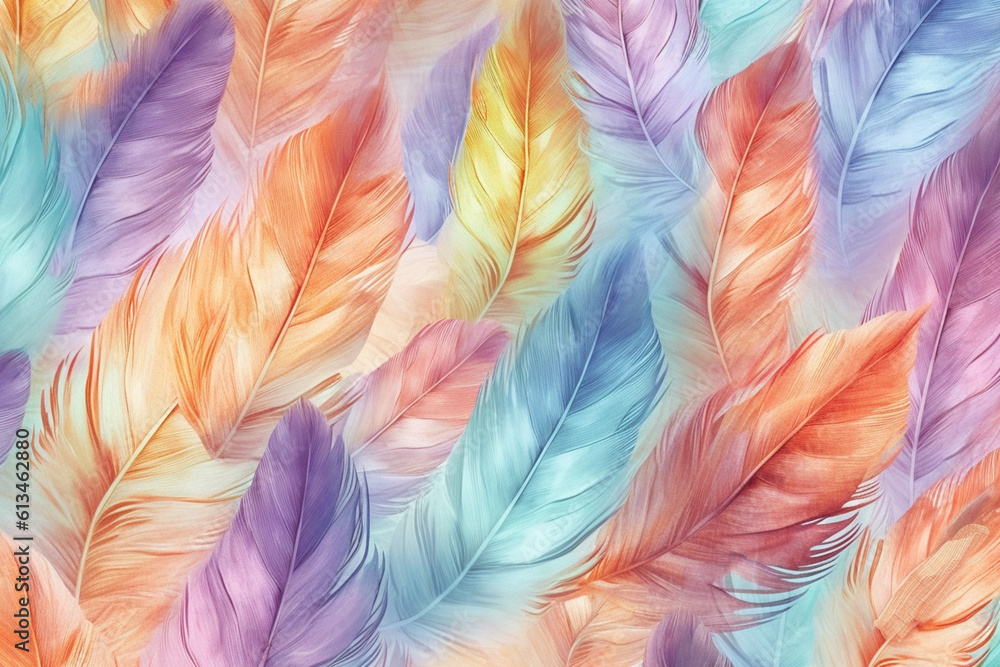 Poster a watercolor-style feather background pattern texture, with soft and blended hues, resembling a deli