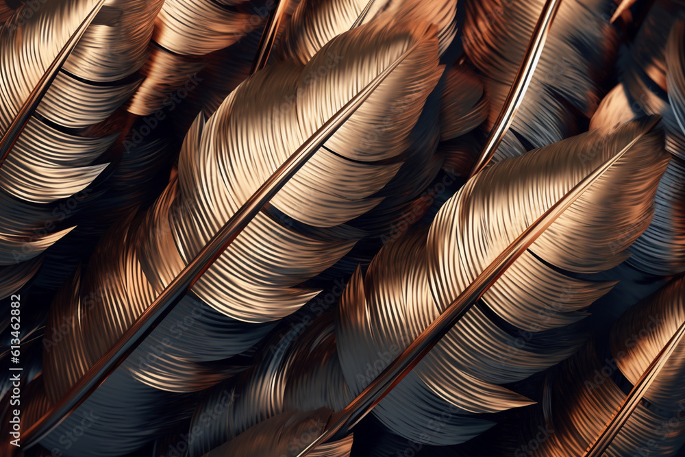 Poster feather background pattern texture, with feathers in metallic tones and geometric shapes, adding a t
