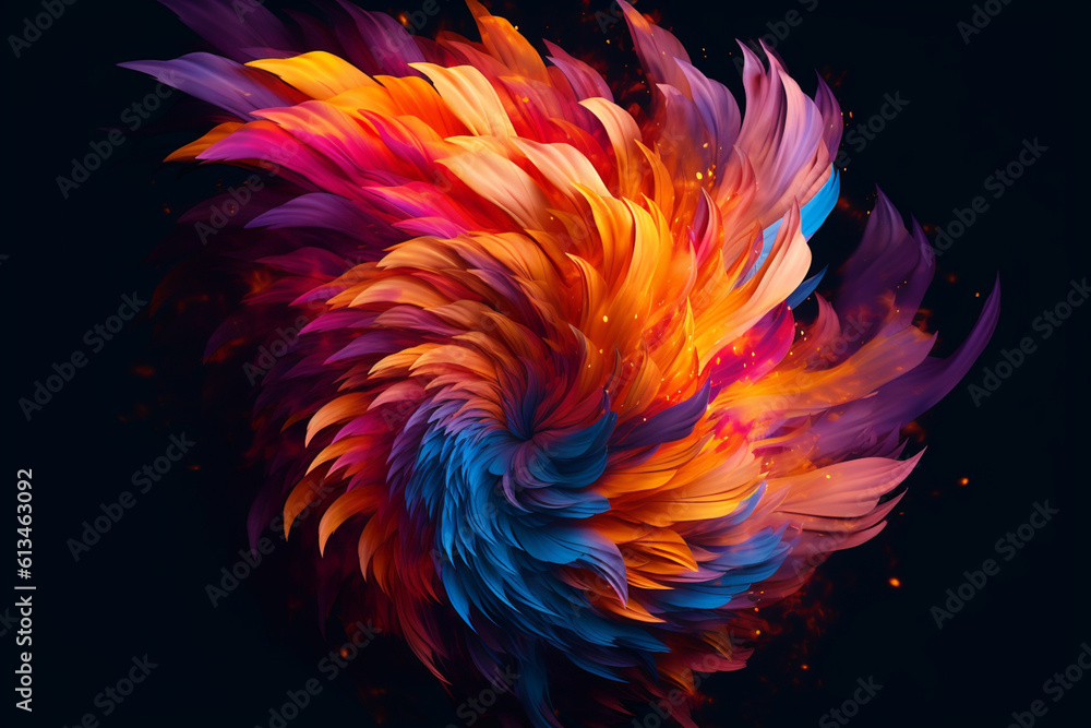 Poster a digital illustration of a stylized flame with bold and dynamic colors, representing passion, power