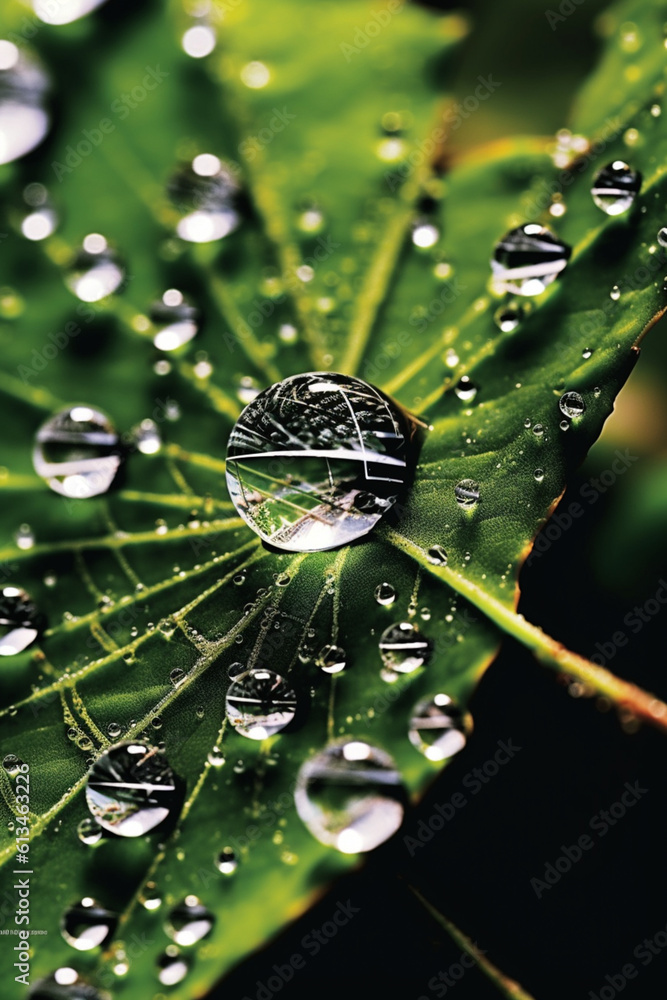Poster A close-up photograph of a dew-covered spider web, highlighting the delicate and intricate nature of water's interaction with natural elements.  Generative AI technology.