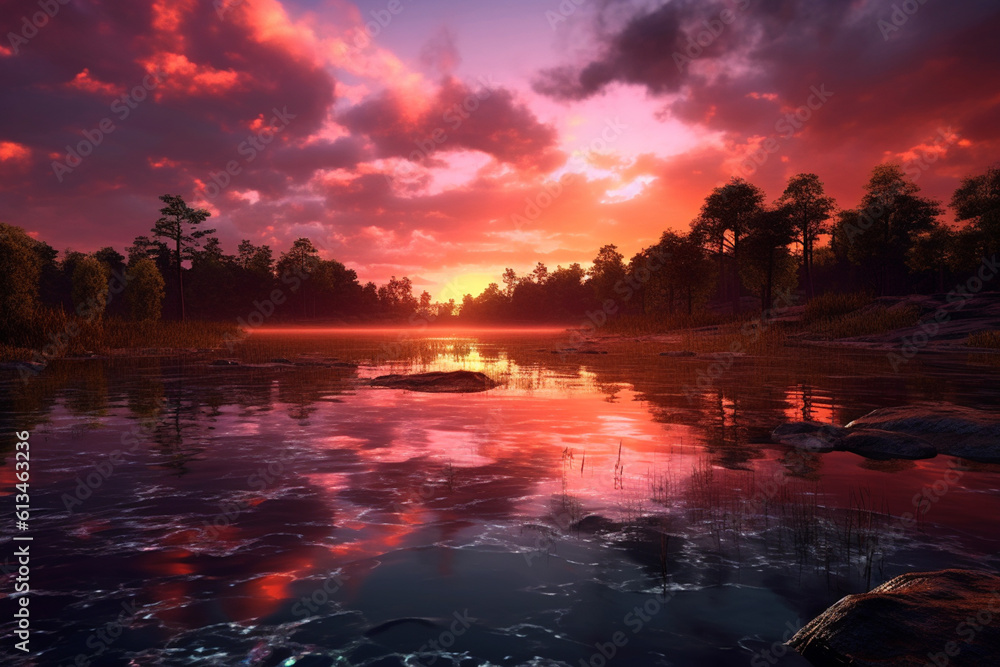 Fototapete a colorful sunset reflected on the calm surface of a river, creating a dreamy and romantic atmospher