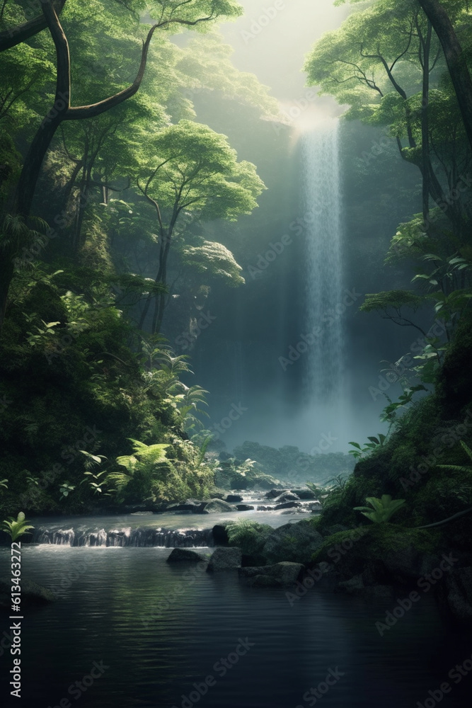 Poster a tranquil image of a misty waterfall surrounded by lush green vegetation, creating an atmosphere of