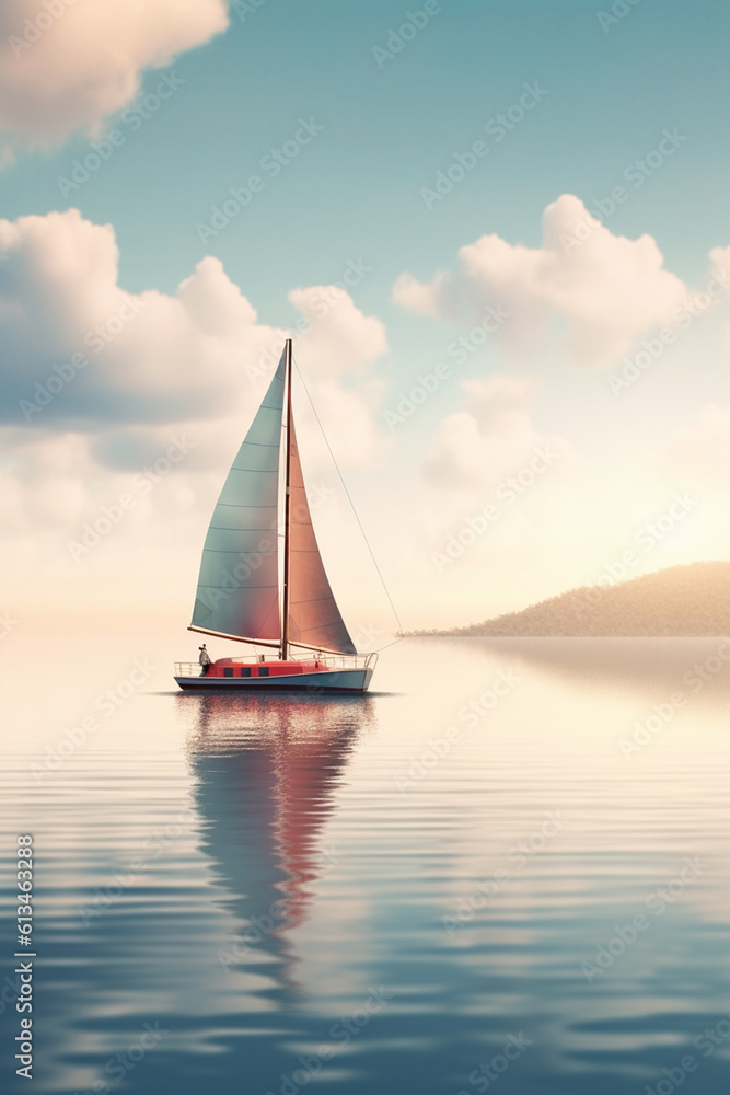 Poster a sailboat gliding across a tranquil lake, propelled by a gentle breeze, representing the harmony be