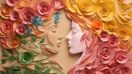 portrait of a woman with flowers in the style of sculptural paper constructions