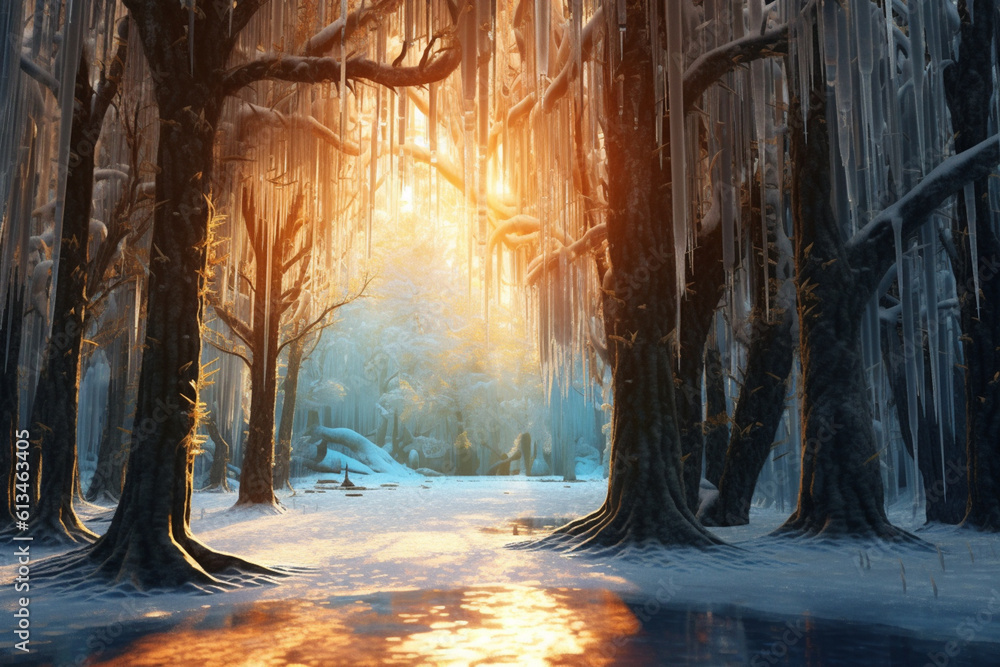 Aufkleber a frozen forest, with branches adorned with icicles and a soft glow of sunlight filtering through the frozen canopy. Generative AI technology.
