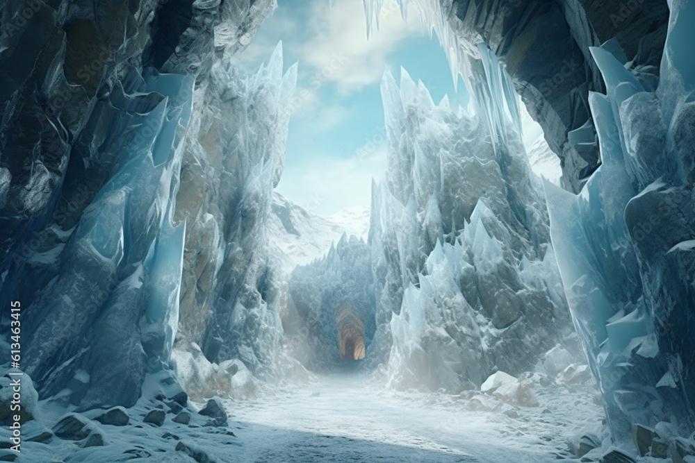Poster  frozen ice caves, with intricate formations and translucent walls that create a captivating and otherworldly environment.  Generative AI technology.