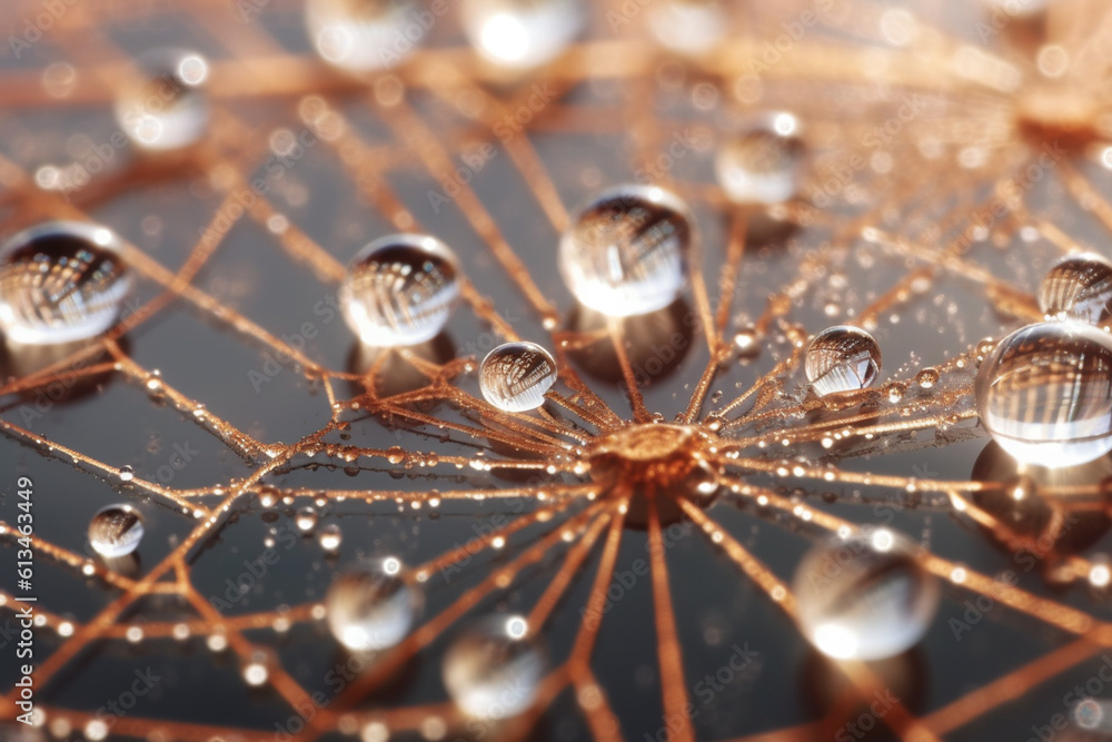 Poster f frozen dewdrops on a spider's web, showcasing the delicate and intricate structures formed by frozen water droplets.  Generative AI technology.