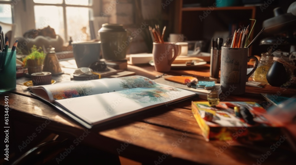 Poster an open book sitting on top of a wooden table. generative ai image.