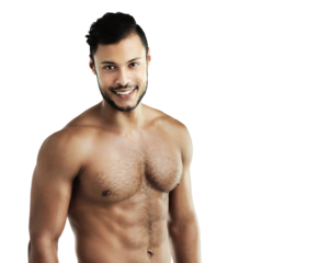 Fitness muscle, portrait and smile of man isolated on transparent png background. Face, bodybuilder or athlete with strong abs after exercise, train or workout for health, wellness or sport in Brazil