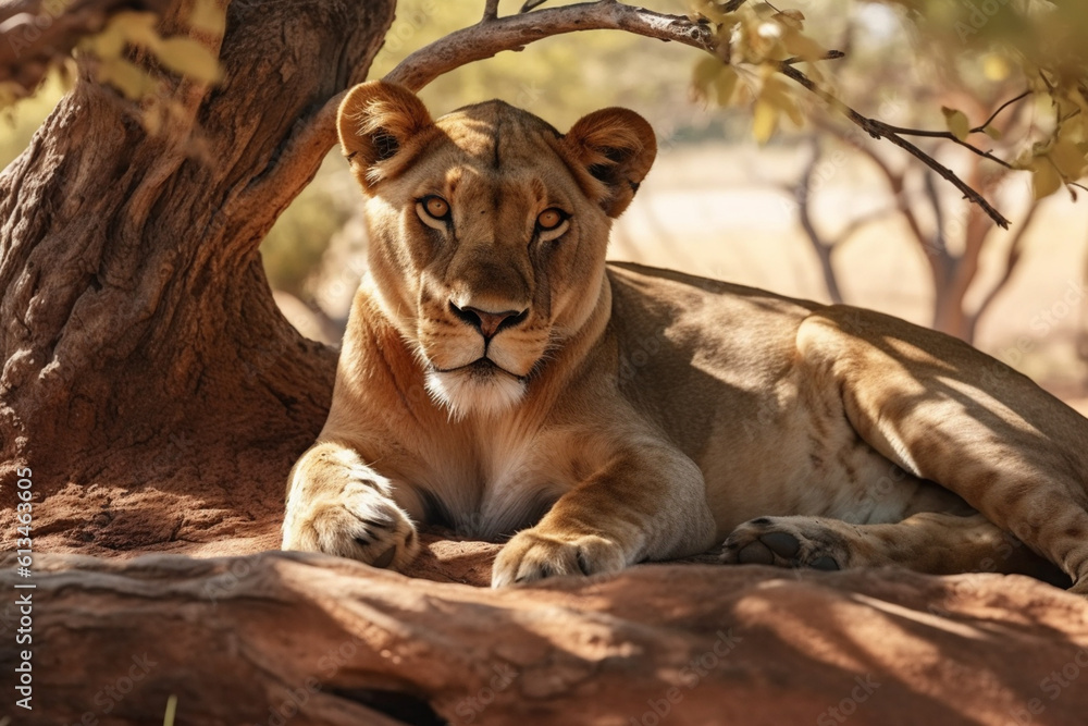 Poster lioness in the african savannah, showcasing her power and grace as she rests under the shade of a tr