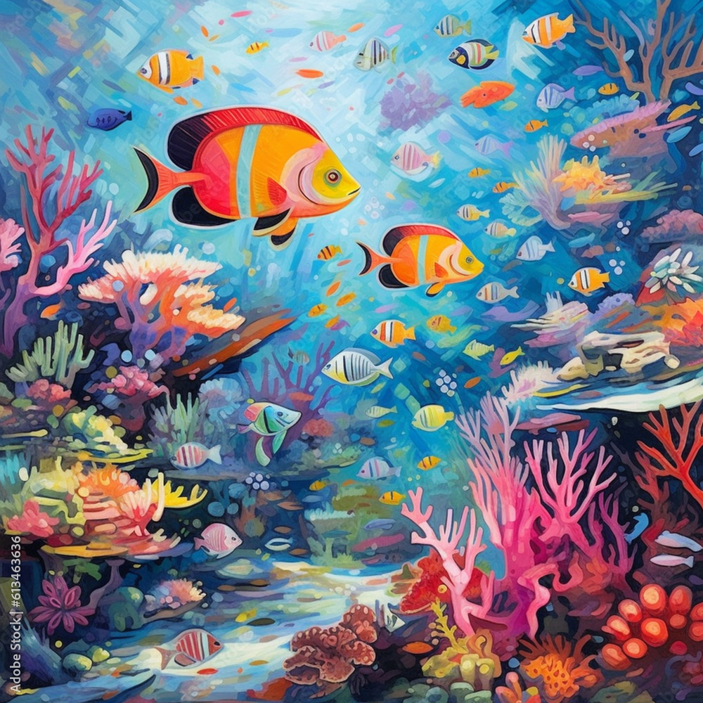 Poster an abstract depiction of a vibrant coral reef teeming with colorful fish, conveying the diversity an