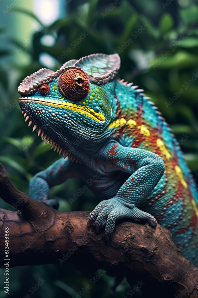Aufkleber a close-up image of a colorful chameleon perched on a branch, showcasing its remarkable ability to b