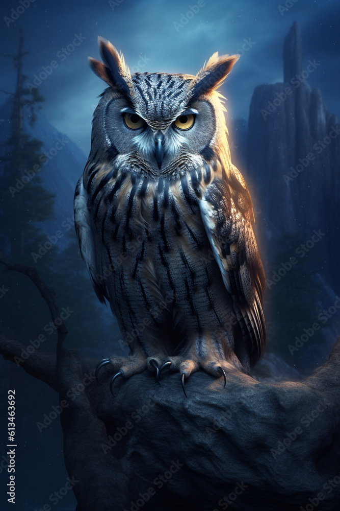 Poster a wise and serene-looking owl, with its feathers blending seamlessly into a moonlit night sky, embod