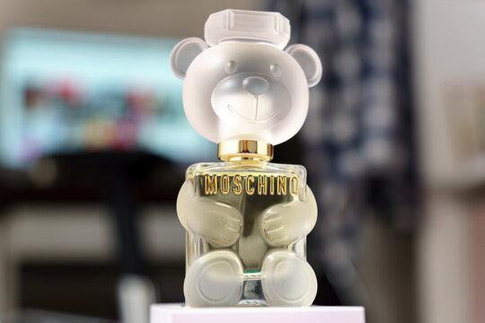 Tyumen, Russia-June 08, 2023: Toy 2 Moschino. Perfume bottles from Moschino are always unique.
