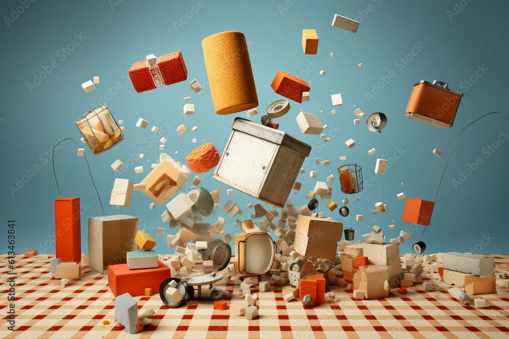 Fototapete A surreal still life composition featuring everyday objects floating in mid-air, challenging the viewer's perception of gravity and the ordinary.  Generative AI technology.