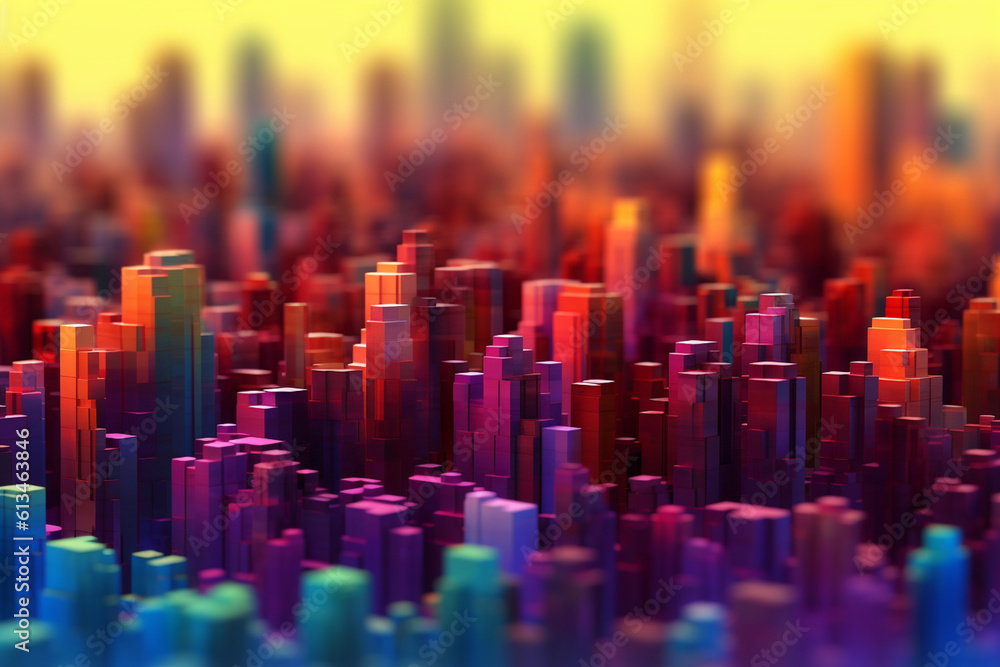 Poster An abstract representation of a city skyline composed of geometric shapes and vibrant colors, defying the laws of physics and perspective. Generative AI technology.
