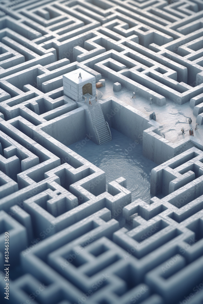 Poster A conceptual illustration of a floating labyrinth or maze, representing the complexities of the human mind and the search for meaning. Generative AI technology.