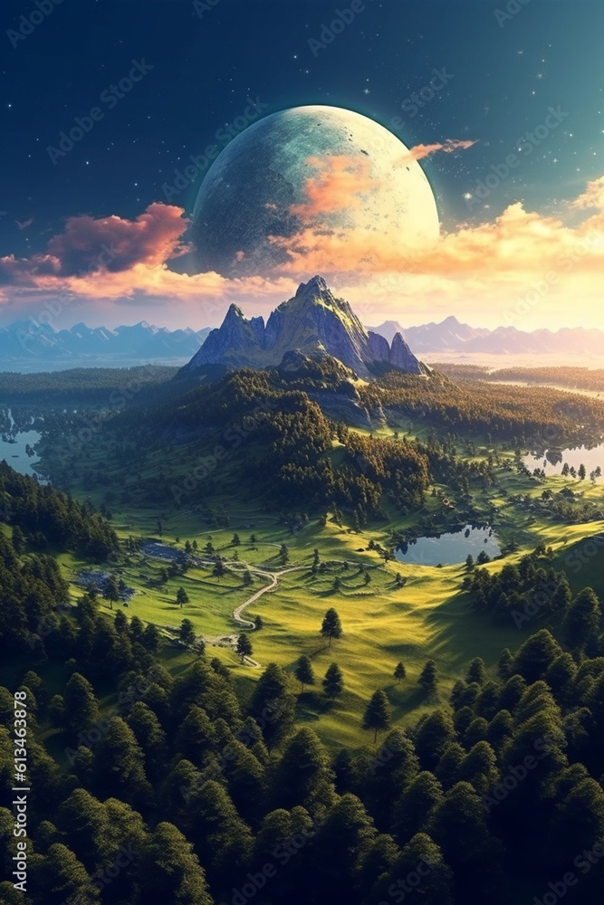 Aufkleber A surreal illustration of a landscape where the sky and the earth swap places, creating a mesmerizing and thought-provoking visual effect. Generative AI technology.