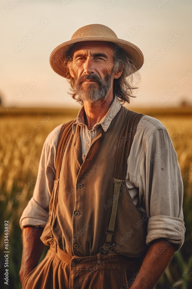 Poster a man in a hat standing in a field. generative ai image.