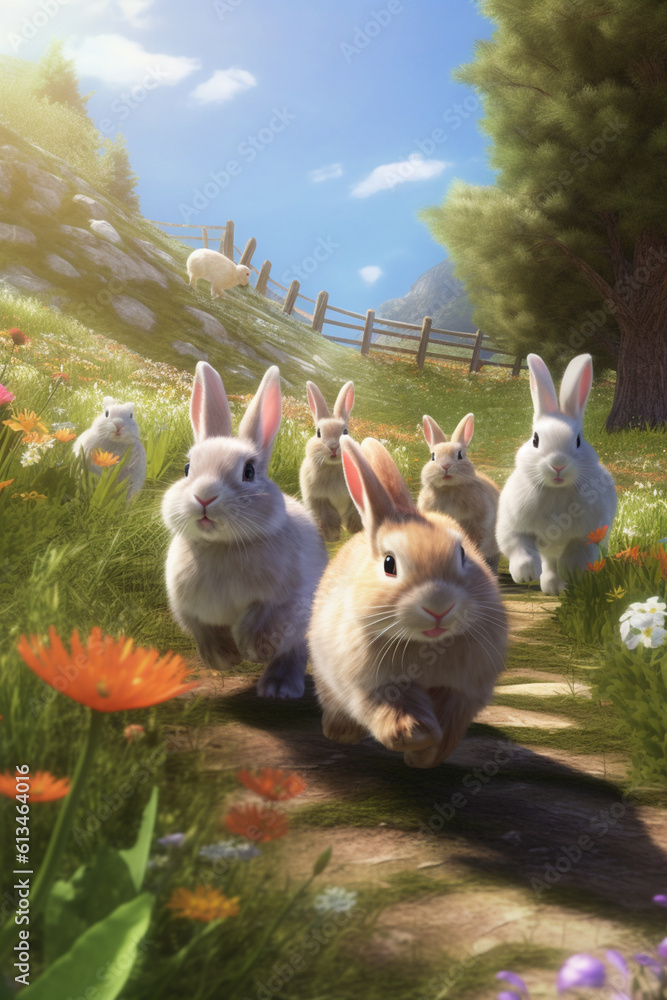 Poster  A group of rabbits hopping and playing in a grassy enclosure, illustrating the trend of creating enriching environments for pet rabbits. Generative AI technology.