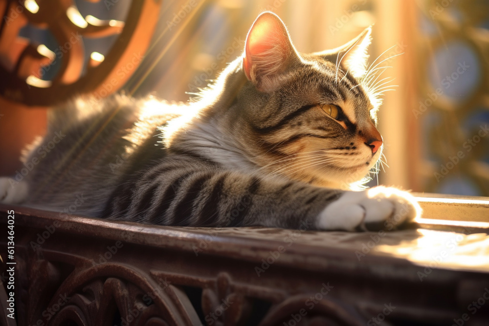 Poster a contented cat basking in a sunbeam, embodying the relaxed and independent nature of feline compani