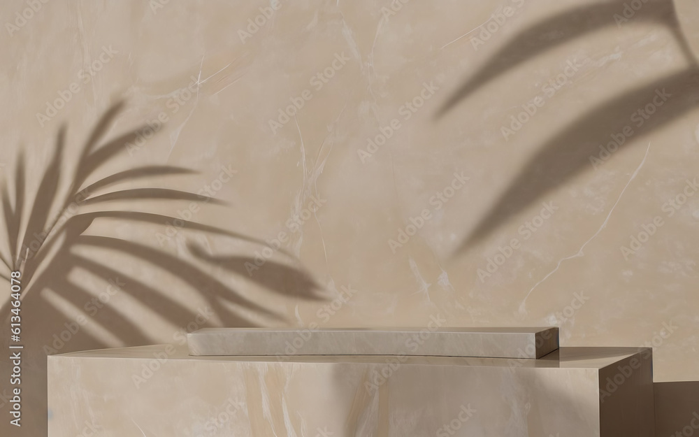Poster marble beige podium with shadow from palm leaves on the wall. background for presentation. ai genera