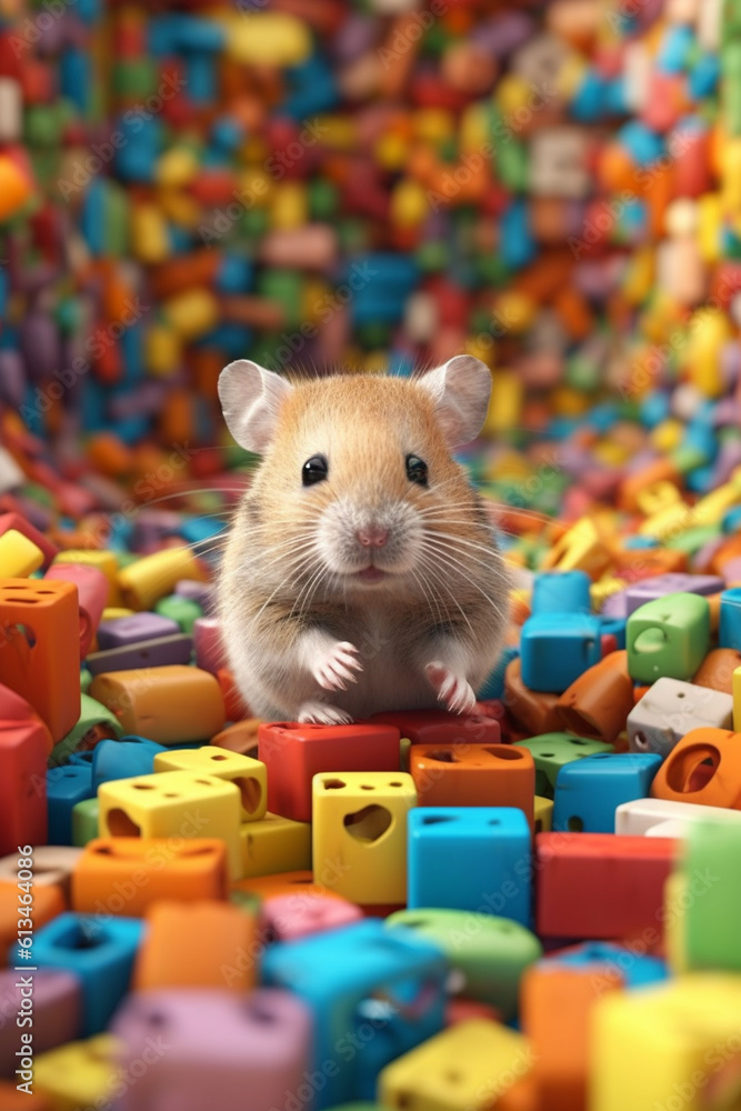 Poster A hamster exploring a colorful maze in its cage, reflecting the popularity of small rodents as low-maintenance and interactive pets. Generative AI technology.