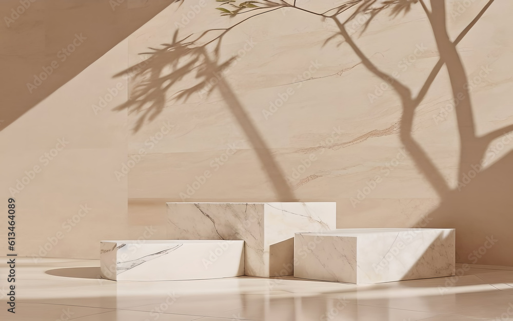 Poster three beige marble platforms with shadow from tree foliage on the wall. background for presentation.
