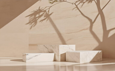 Three beige marble platforms with shadow from tree foliage on the wall. Background for presentation. AI generated.