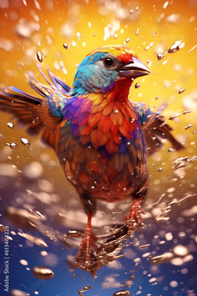 Poster an abstract surreal photograph of a finch splashed in bright paint, contemporary colors and mood soc