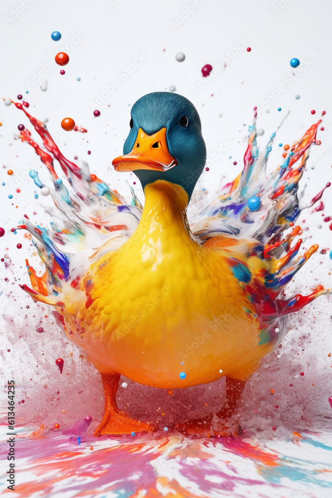 Poster an abstract surreal photograph of a duck splashed in bright paint, contemporary colors and mood soci