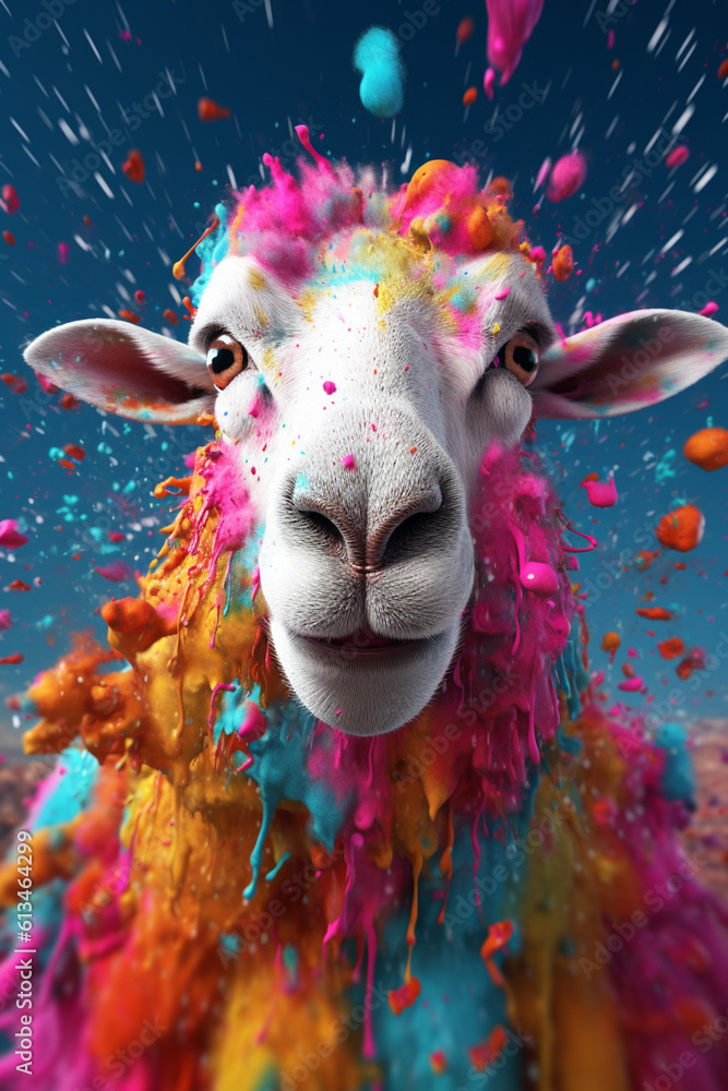 Poster an abstract surreal photograph of a sheep splashed in bright paint, contemporary colors and mood soc